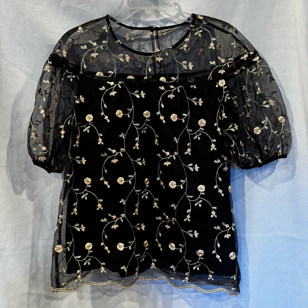 Cirana blouse with growing flower vines stitched over sheer layer, ruffle sleeve